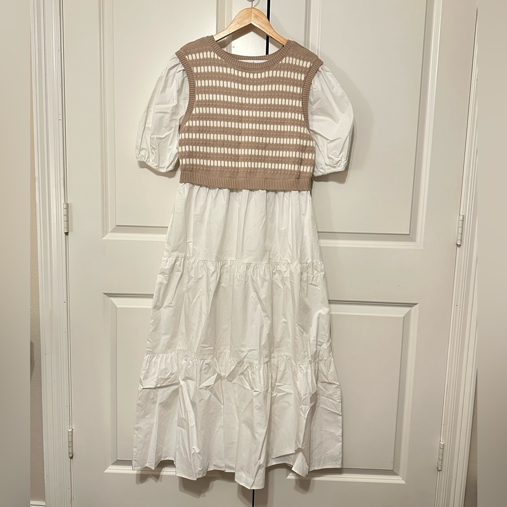 Chic White and Tan Layered Midi Dress